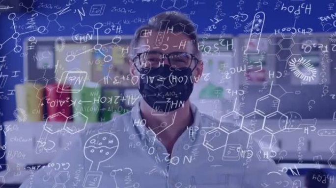 在课堂上戴口罩的白人男老师的数学方程式动画