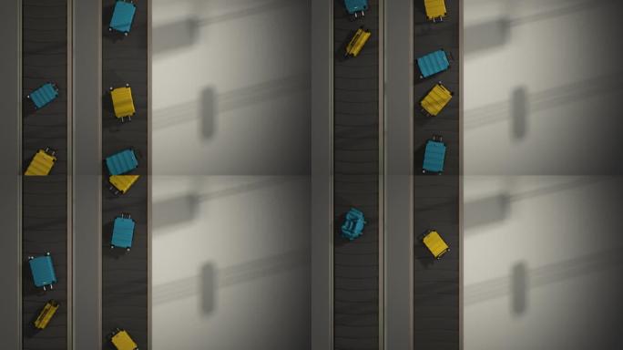 行李在机场传送带上移动高架视图可循环。逼真的3d动画。蓝色和黄色的手提箱。轻型地板。垂直
