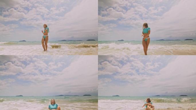 女人在海上跑来跑去。一个醉醺醺的女人正在热带岛屿上享受她的假期。女孩有趣摆姿势。概念暑假