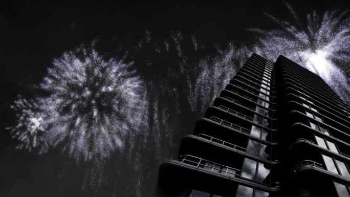 现代塔楼的动画，白色圣诞节和新年烟花在夜空中爆炸