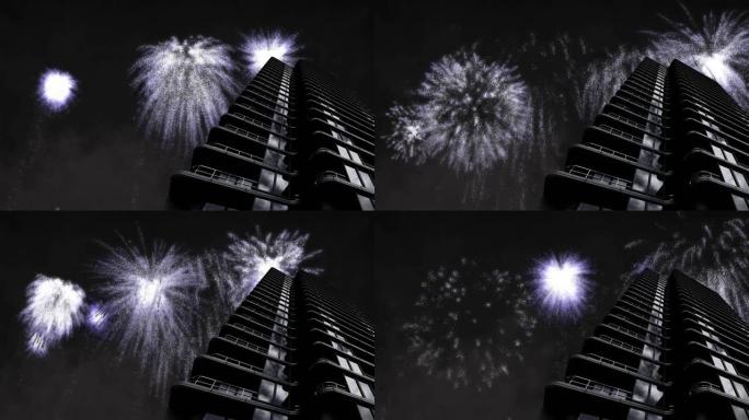 现代塔楼的动画，白色圣诞节和新年烟花在夜空中爆炸