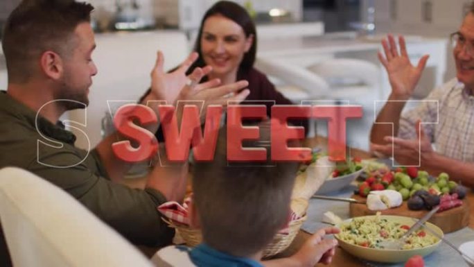 快乐多代家庭在家里餐桌上聊天的红色甜蜜文本动画