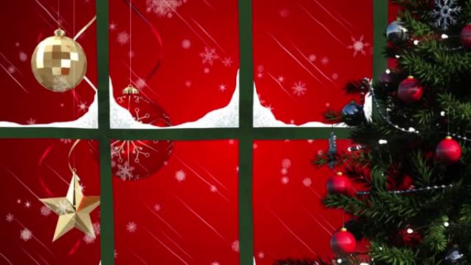 红色背景上的圣诞树和木制窗框与圣诞装饰