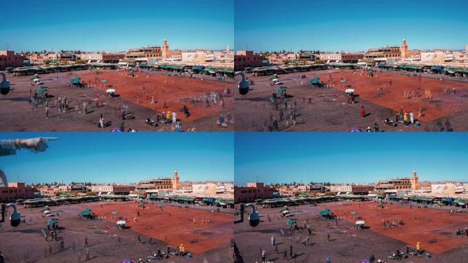 摩洛哥马拉凯赫的Jemaa el-Fnaa广场的延时视图。