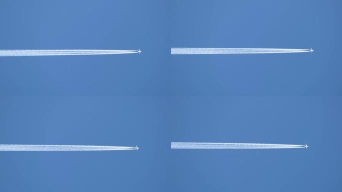 遥远的客机在晴朗的蓝天上高空飞行，留下白烟痕迹。航空运输概念