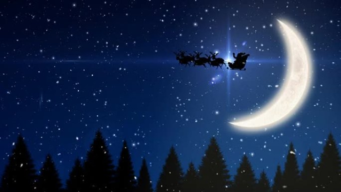 雪落在雪橇上的圣诞老人上的动画与驯鹿，月亮和发光的星星