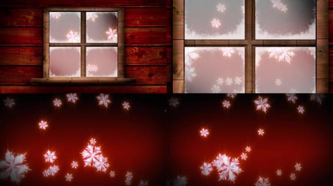 红色背景下漂浮的发光雪花上的木制窗框