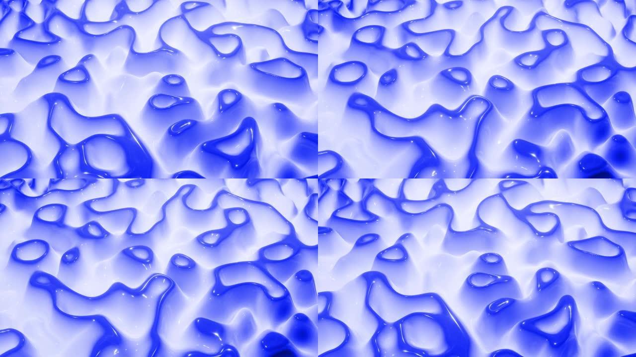 4k循环蓝色液体背景。蓝色流体明亮光泽表面上的抽象波浪形图案，光滑动画中的油漆流体上的波浪形图案。粘