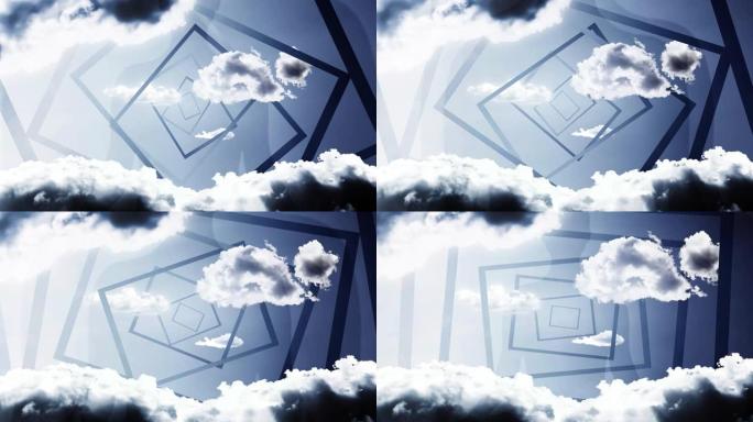 一个男人的半透明剪影，在蓝天上的莲花位置，云彩和矩形形式的入口。冥想概念，开放的心态。具有视差效果的