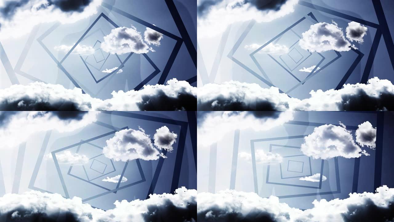 一个男人的半透明剪影，在蓝天上的莲花位置，云彩和矩形形式的入口。冥想概念，开放的心态。具有视差效果的
