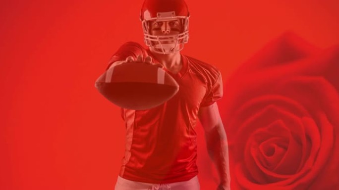 美式足球运动员持球过红玫瑰背景动画