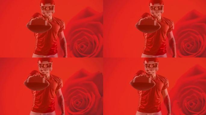 美式足球运动员持球过红玫瑰背景动画