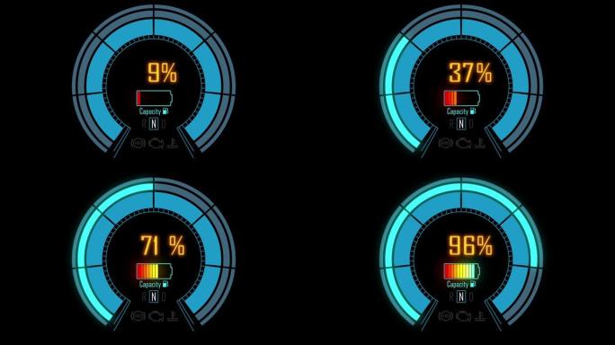 电动汽车仪表板显示。电动汽车充电指示充电进度。