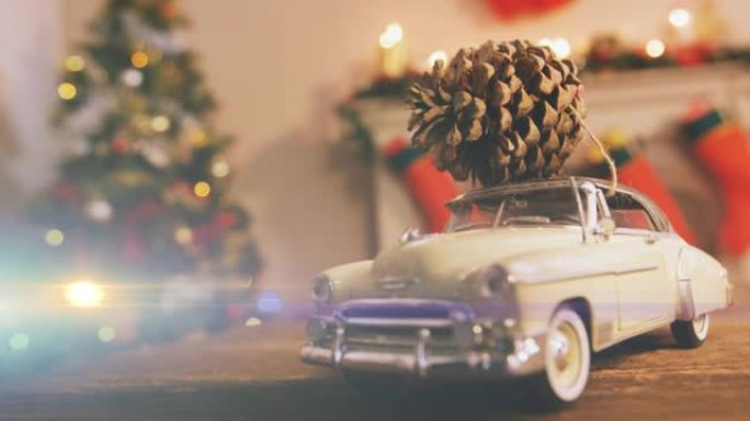 汽车和松果在圣诞节装饰上的光组成