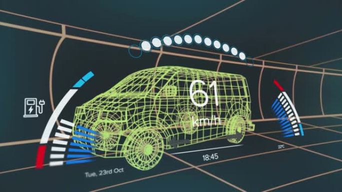 3d货车模型上的车辆接口上的速度计，gps和充电状态数据的动画
