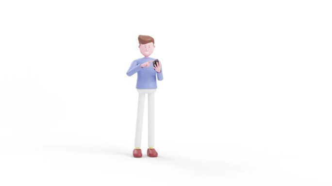 动画3d Man在3D互联网世界中使用智能手机。电子购物，购物篮，订阅，云服务，按钮，图标。