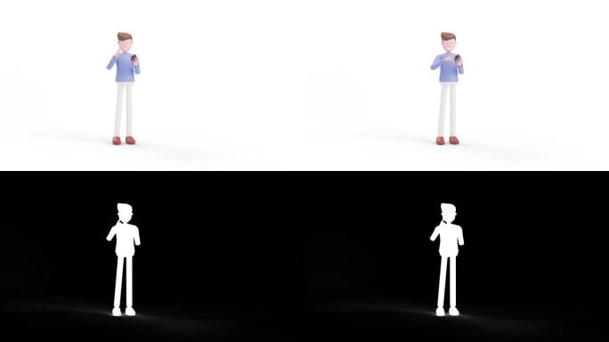动画3d Man在3D互联网世界中使用智能手机。电子购物，购物篮，订阅，云服务，按钮，图标。