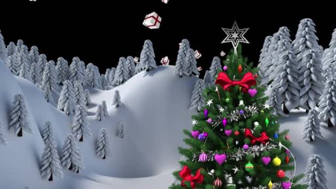 冬季景观上的圣诞树与黑色背景上漂浮的圣诞礼物图标