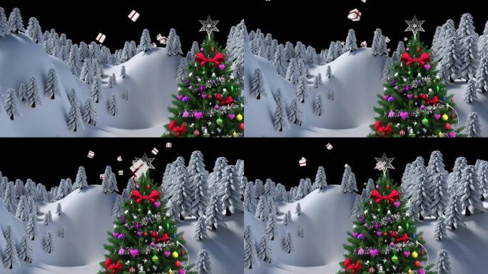 冬季景观上的圣诞树与黑色背景上漂浮的圣诞礼物图标