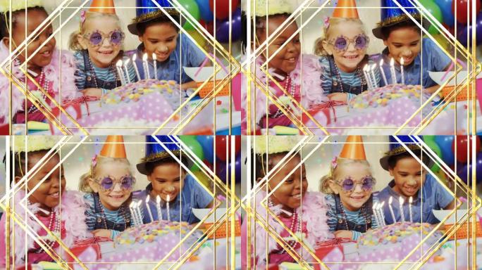 生日派对上带有生日蛋糕的各种孩子的金色动画