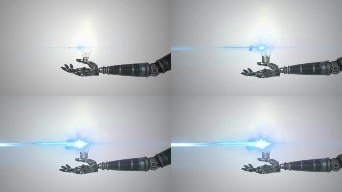 机器人手臂上的照明灯泡的动画，灰色背景上的移动光