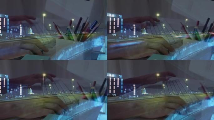 夜间在笔记本电脑上工作的手的动画加速了城市的交通