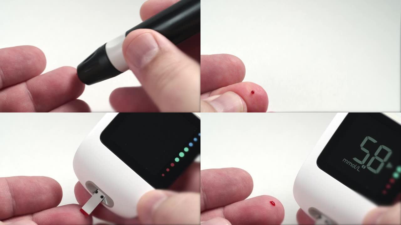 用血糖仪检测糖尿病血糖水平，手指用血滴和血糖监测装置，微距