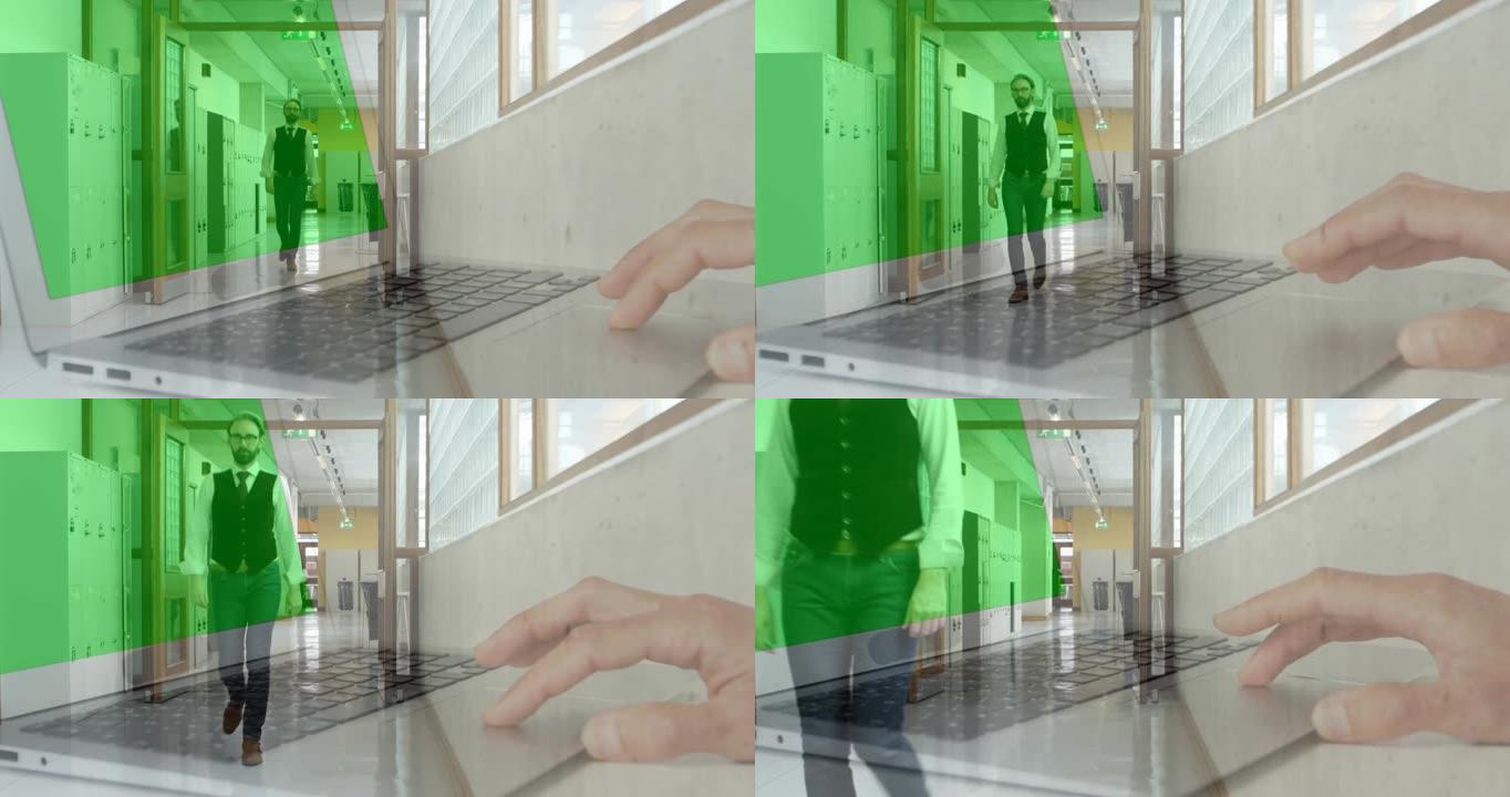 在办公室走廊上行走的商人使用笔记本电脑的手的动画