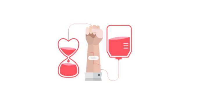 动画采血袋，沙漏和手臂，献血标志，在白色背景上