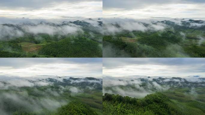 Hyper lapse视频4k，鸟瞰图美丽的晨光金色的日出和薄雾在高山上流动，宽隆山，纳塔韦市，宋卡