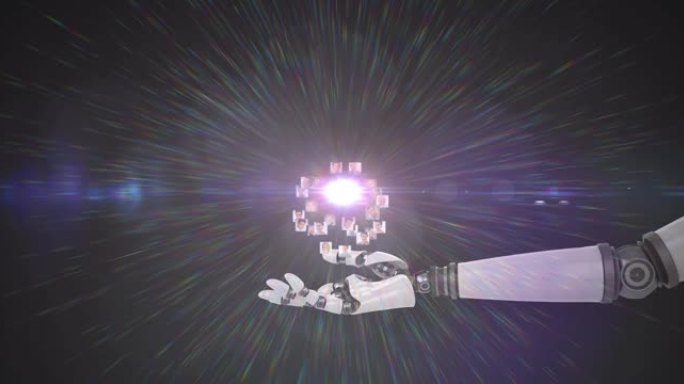 机器人手臂上不断增长的人脉网络的动画，黑暗背景上的明灯