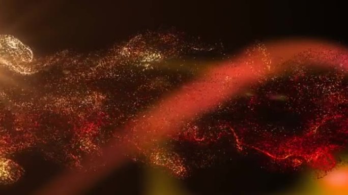 黑色背景上的白色，红色和橙色粒子云以及红光移动的动画