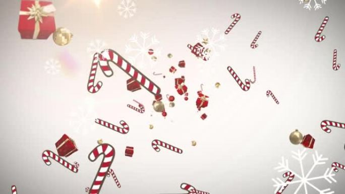 多个圣诞礼物和糖果手杖图标落在灰色背景上漂浮的雪花上