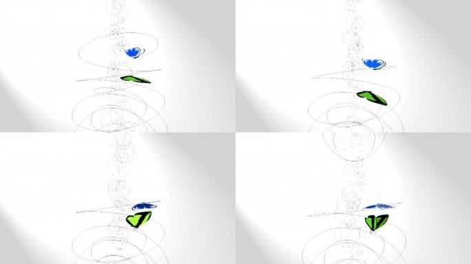3d动画，两个蝴蝶在白色背景上的空中绘制曲线
