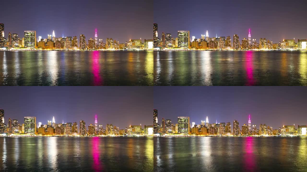 彩色反射曼哈顿夜生活从纽约4k时间间隔