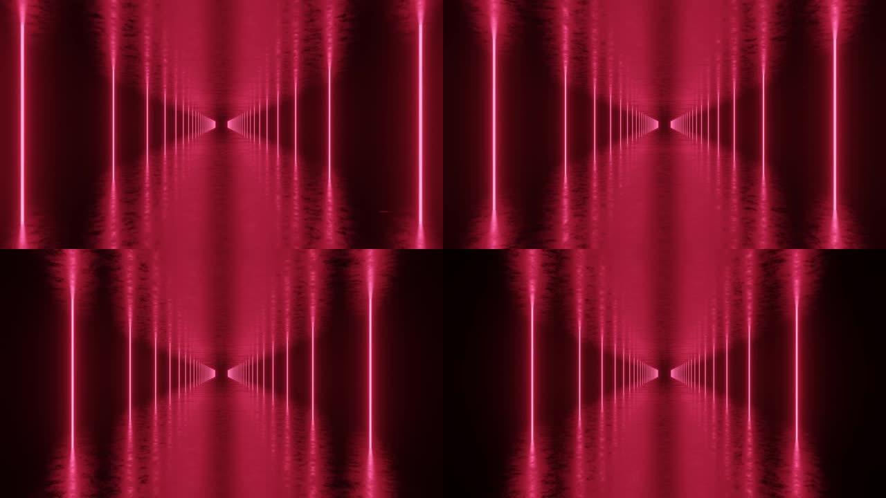 抽象3d渲染隧道中的垂直粉色霓虹灯。黑暗空间中的光走廊与反射