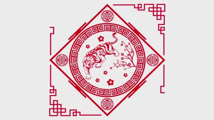2022年春节快乐，虎年庆祝活动动画带有东方装饰元素。新年快乐，祝繁荣