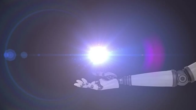 紫色背景上的人网动画和机器人手臂的手发光
