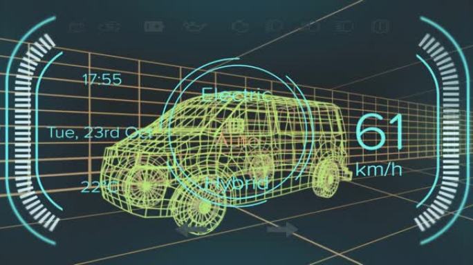 混合动力汽车界面上的速度计和功率状态数据的动画，通过3d厢式货车模型