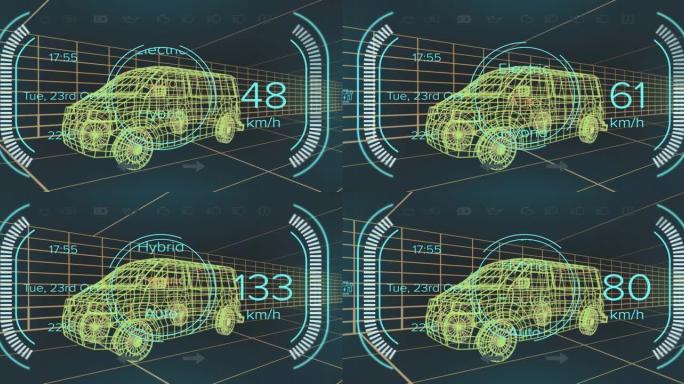 混合动力汽车界面上的速度计和功率状态数据的动画，通过3d厢式货车模型