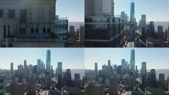 飞来飞去，在金融区用高大的现代摩天大楼展示旅行者建筑的城市景观。美国纽约市曼哈顿
