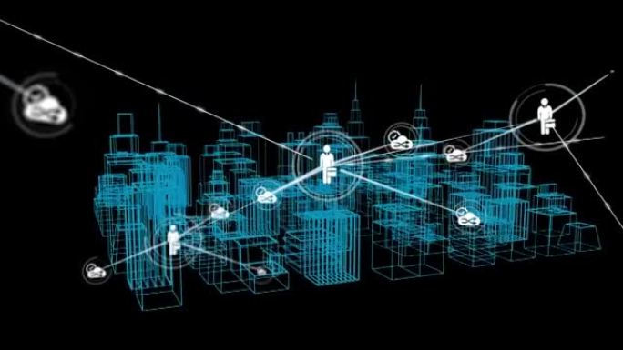 背景下城市三维建筑图图标连接网络动画