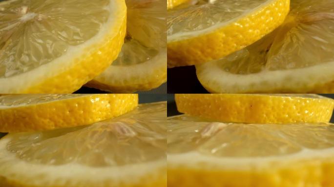 柠檬水果切成环。柠檬中有机酸和维生素含量高。柠檬在烹饪中的使用。