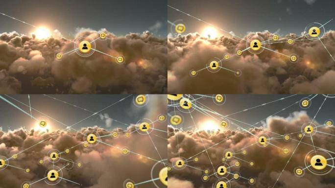 天空上带有图标的连接网络动画