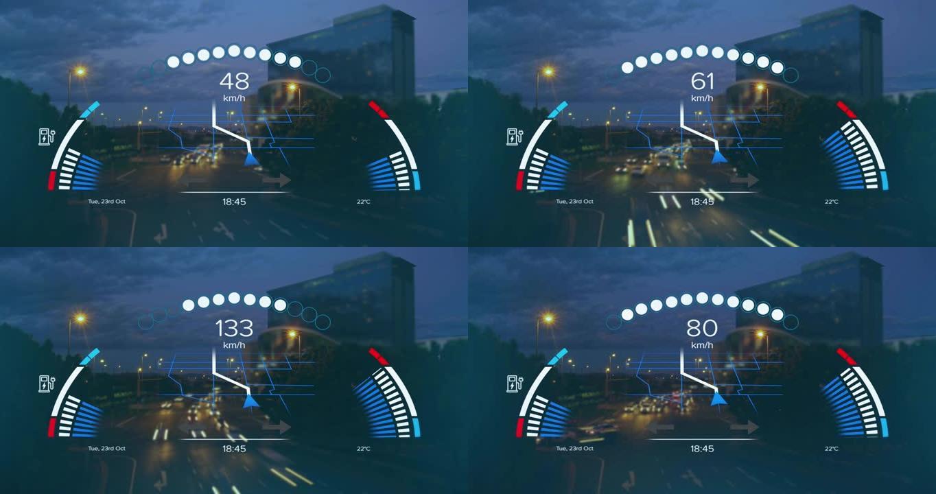 接口上的速度计，gps和充电数据的动画，在夜间加速城市交通