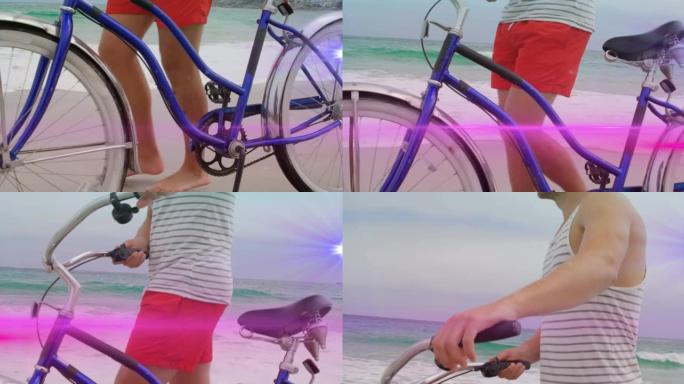粉红色光束在沙滩上移动的人骑自行车的动画