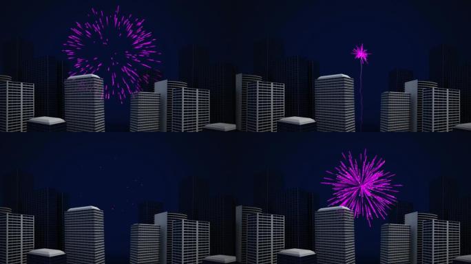 粉红色的圣诞节和新年烟花在夜空中的城市景观上爆炸的动画