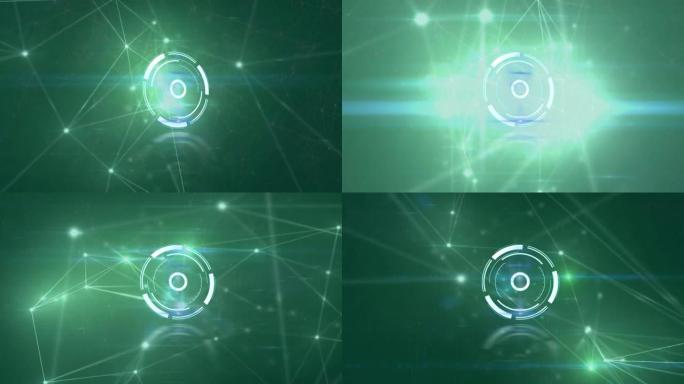 绿色背景上的连接网络和发光点上的范围扫描动画