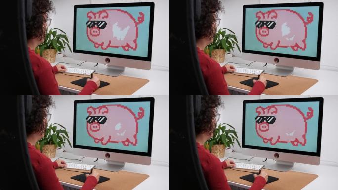 无法识别的女性插画家在计算机上绘画NFT
