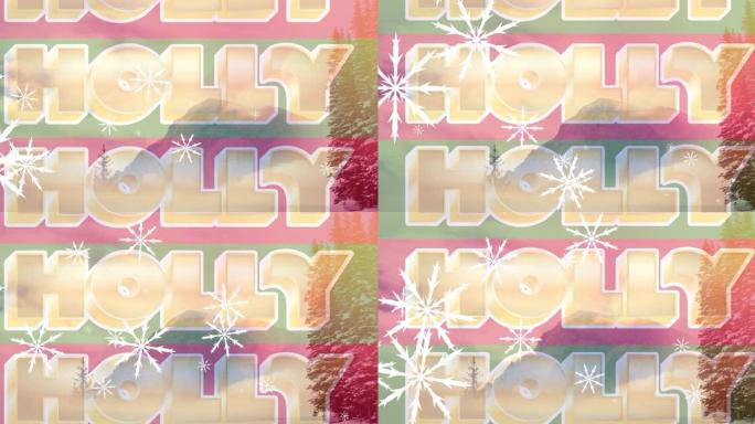 圣诞节祝福和房屋和树木的风景飘落的雪花动画